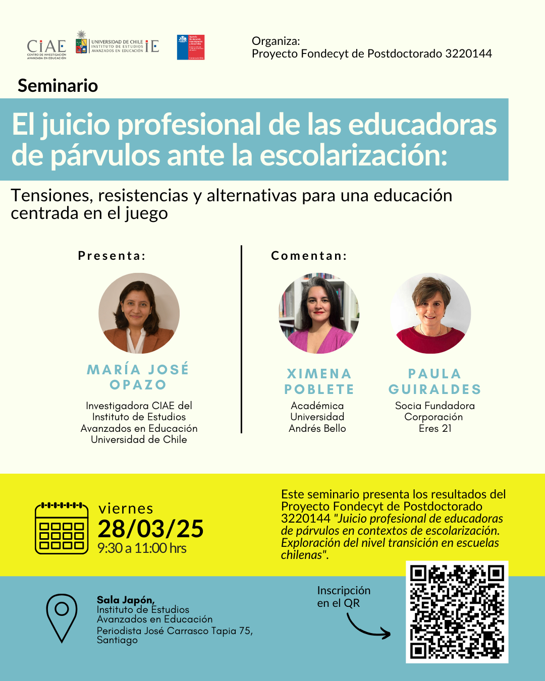 Seminario "El juicio profesional de las educadoras de párvulos ante la escolarización: Tensiones, resistencias y alternativas para una educación centrada en el juego"