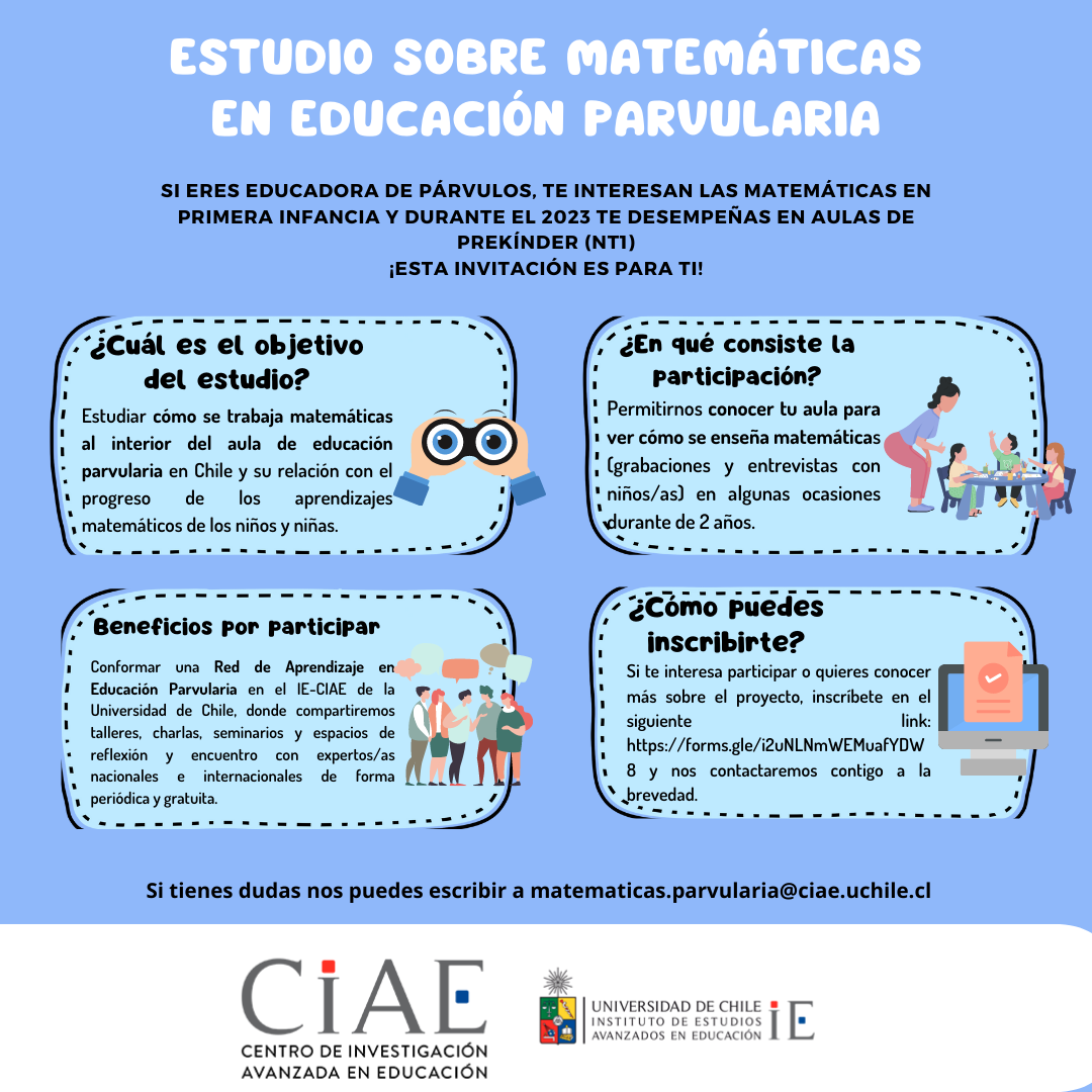 Invitación a participar en proyecto FONDECYT Calidad de la enseñanza de las matemáticas en educación parvularia y su efecto en el progreso de los aprendizajes matemáticos de los niños y niñas