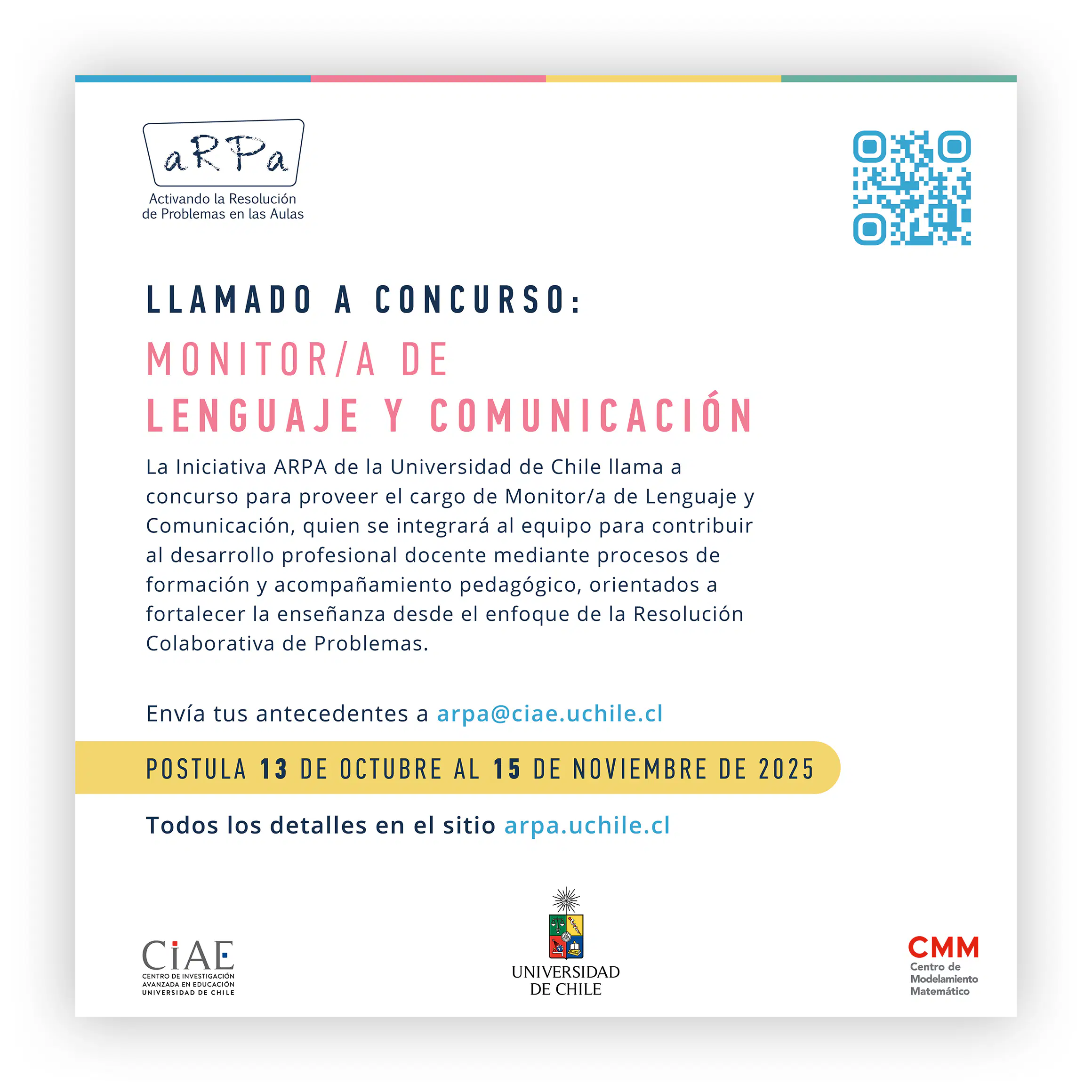 Imagen para la noticia: Llamado a Concurso: Monitor/a de Lenguaje y Comunicación – Iniciativa ARPA, Universidad de Chile