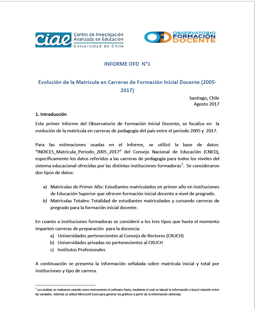 Informe OFD N° 1: La evolución de la matrícula en carreras de formación inicial docente (2005-2017)