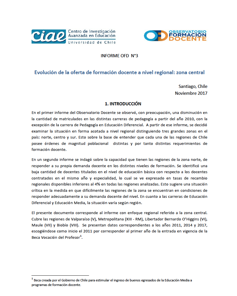 Informe OFD N° 3: Evolución de la oferta de formación docente a nivel regional: zona central