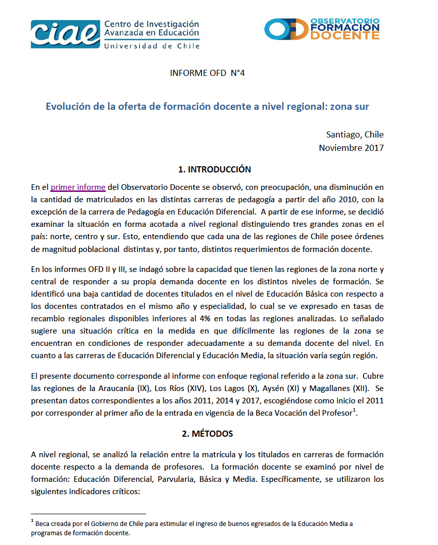 Informe OFD Nº4: Evolución de la oferta de formación docente a nivel regional: Zona Sur