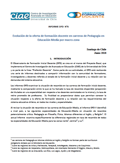 Informe OFD N° 06: Evolución de la oferta de formación docente en carreras de Pedagogía en Educación Media por macro-zona