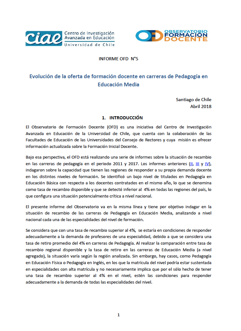 Informe ODF Nº5: Evolución de la oferta de formación docente en carreras de pedagogía en educación media