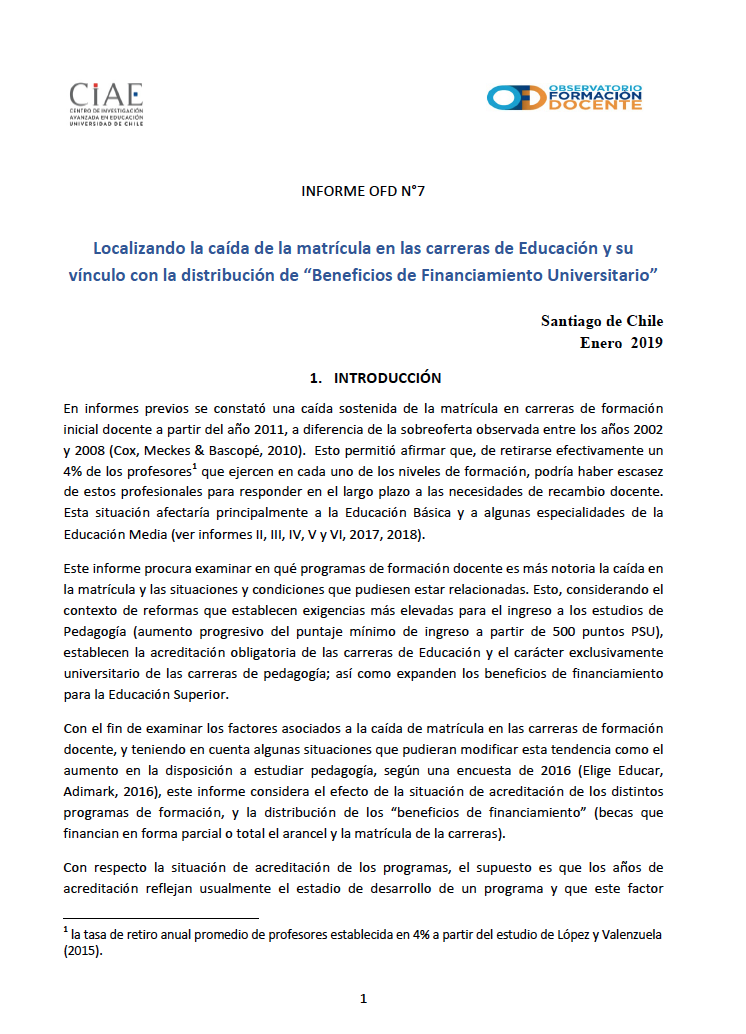 Informe OFD N° 07: Cae la matrícula a nivel general, pero aumenta proporción de matrícula en carreras de Pedagogía de alta acreditación