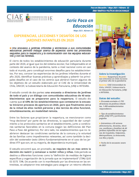 Foco en Educación n°32: Experiencias, lecciones y desafíos de los jardines infantiles en 2020